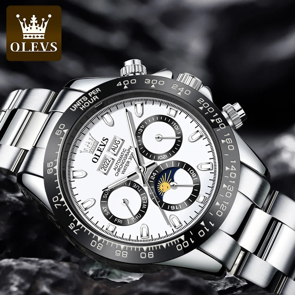 OLEVS 6654 Luxury Brand Original Automatic Man Watch Stainless Steel Waterproof Moon Phase Dual Calendar Mechanical Wristwatches