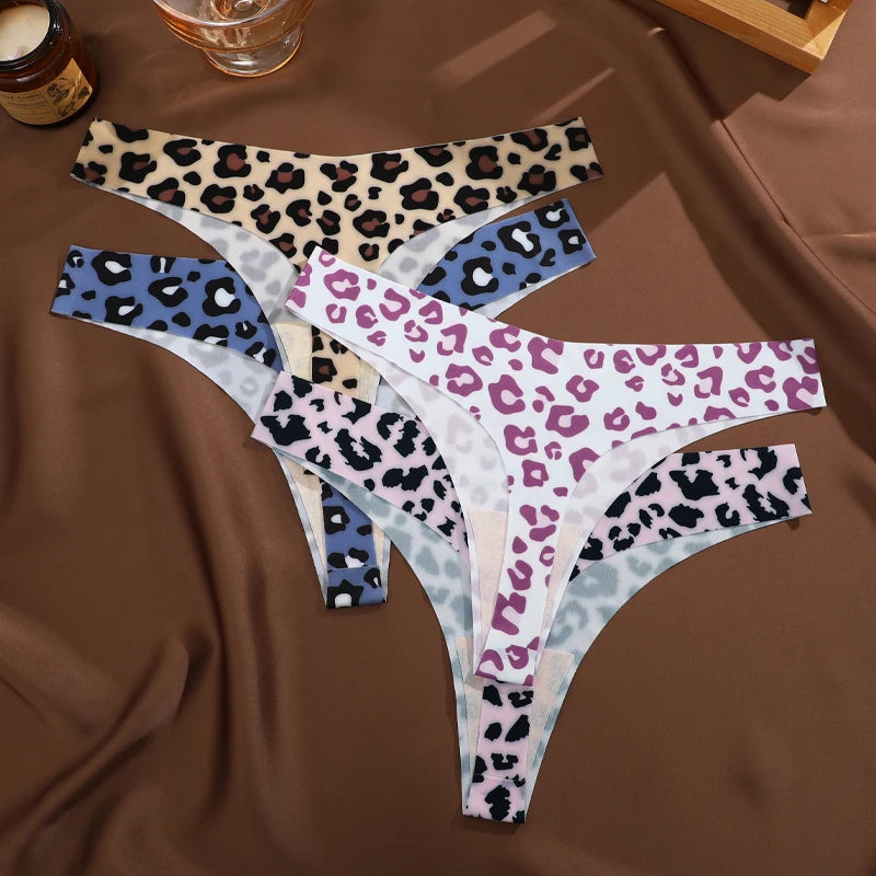FINETOO 6Pcs Ultra-thin Soft Underwear Women's Graphic Print Panties Seamless Stretch Thongs Female Leopard Lingerie G Strings