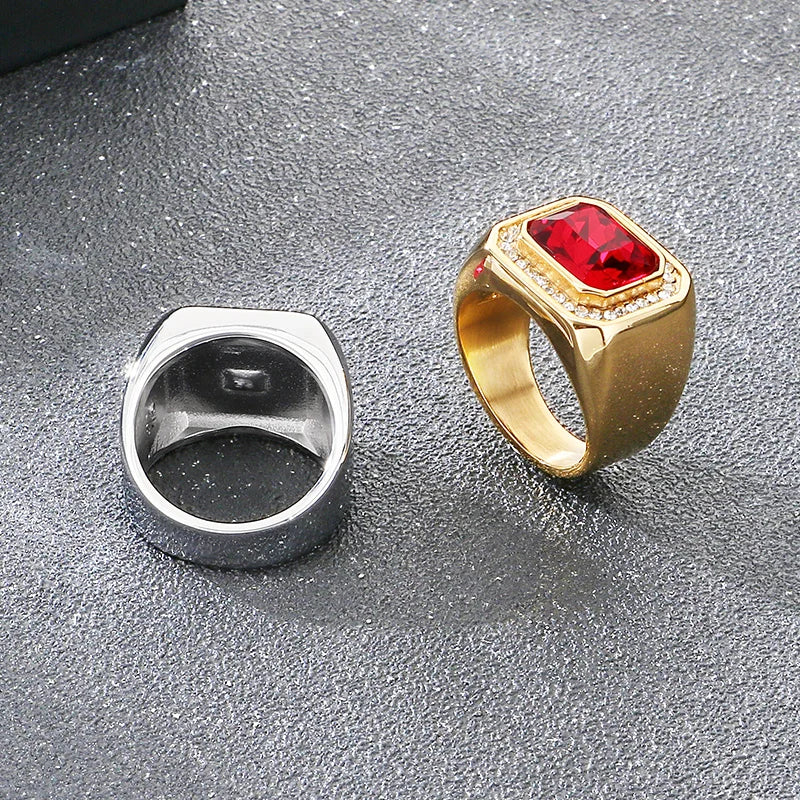 KALEN Trendy Stainless Steel Larger Men's Finger Ring Square Cut  Zircon Stone Cocktail Rings Hip Hop Business Fashion Jewelry