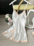 Women's Satin V-Neck Lace Trim Chemise 1-Pc Sexy Mini Nightdress