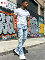 HME Men's High Street Denim Pants, Light Blue Stacked Frayed Flared Jeans for Trendy Looks