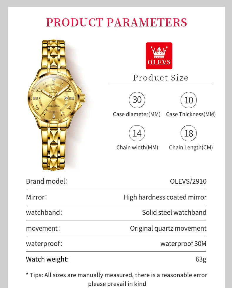 OLEVS 2910 Gold Luxury Brand Women's Watches Waterproof Luminous Wristwatch Date Original Certified Brand Quartz Watch for Lady