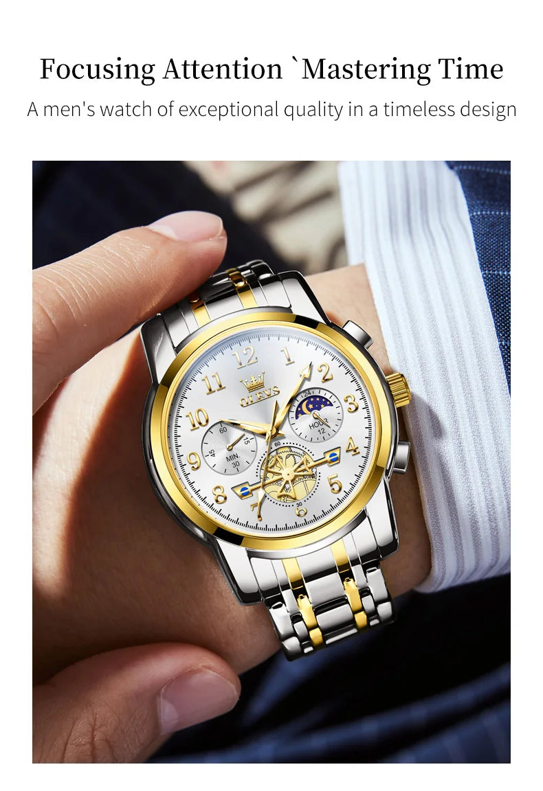 OLEVS Brand 2025 New Luxury Tourbillon Couple Quartz Watch Stainless Steel Waterproof Luminous Fashion Moon Phase Watches Lovers