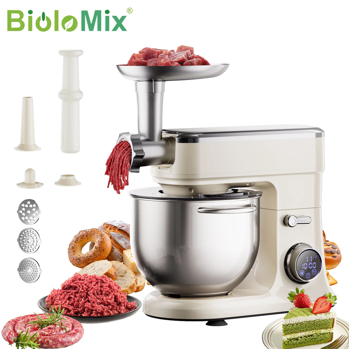BioloMix 7L Food Mixers for Baking, 1200W DC Motor Stand Mixer, with Dough Hook, Whisk & Beater, Meat Grinder Attachment