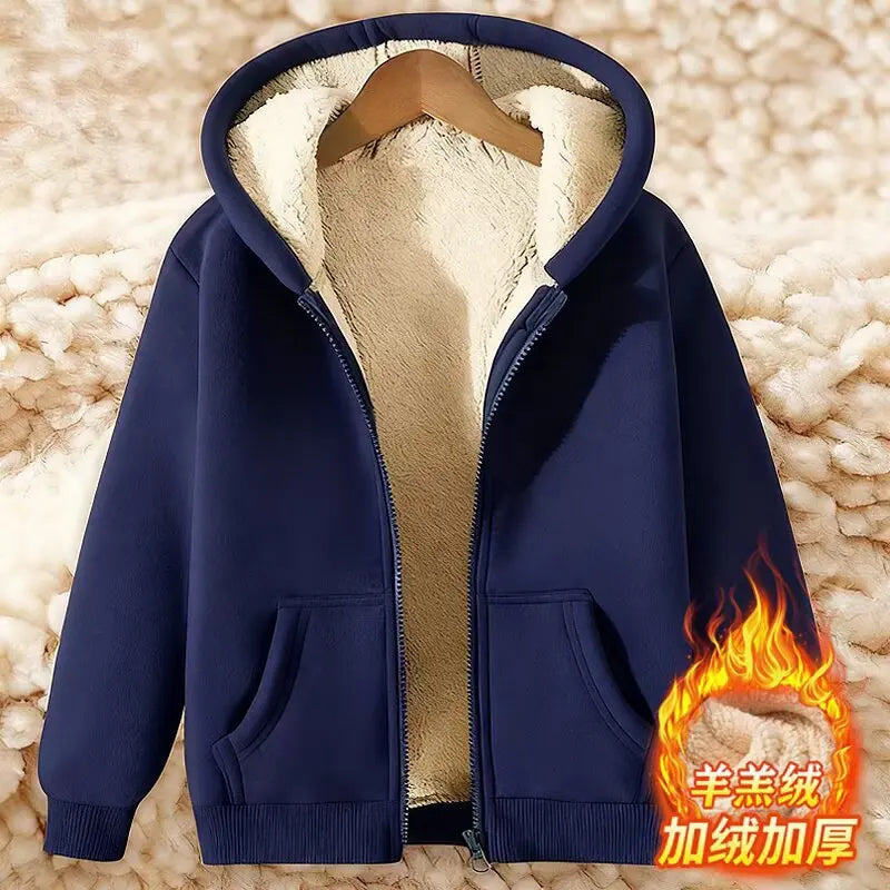 Thickened Lamb Velvet Hooded Cardigan Pure Color Oversize Sweatshirt Men Women Korean Style Winter Warm Casual Outerwear