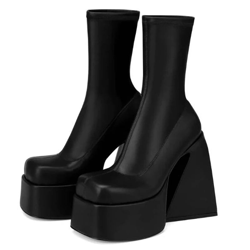 Stretch Punk Style Gothic Chunky Platform Ankle Boots For Women Autumn Winter Shoes Ladies Strange High Heels Boots Booties