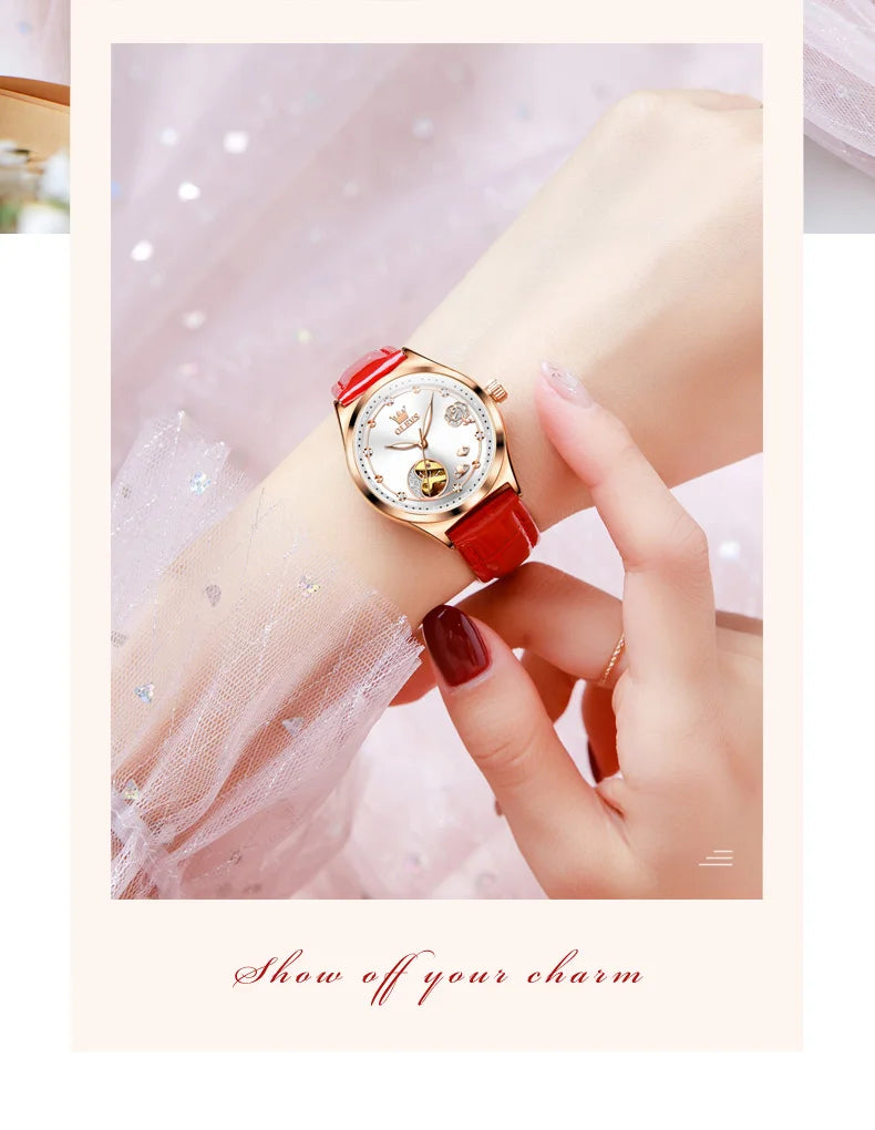 OLEVS 6601 Green Leather Strap Women Watch Automatic Mechanical Movement Waterproof Diamond Fashion Watch