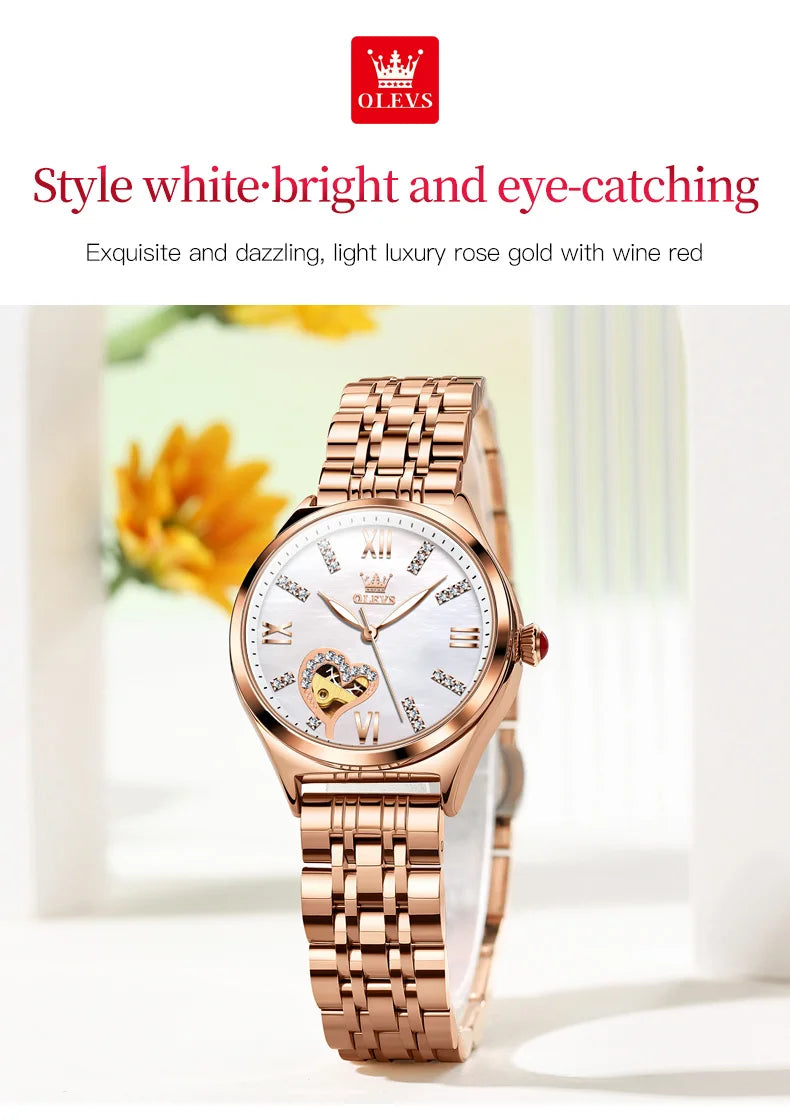 OLEVS Brand 2024 New Fashion Hollow Mechanical Watch for Women Luxury Stainless Steel Strap Waterproof Luminous Womens Watches