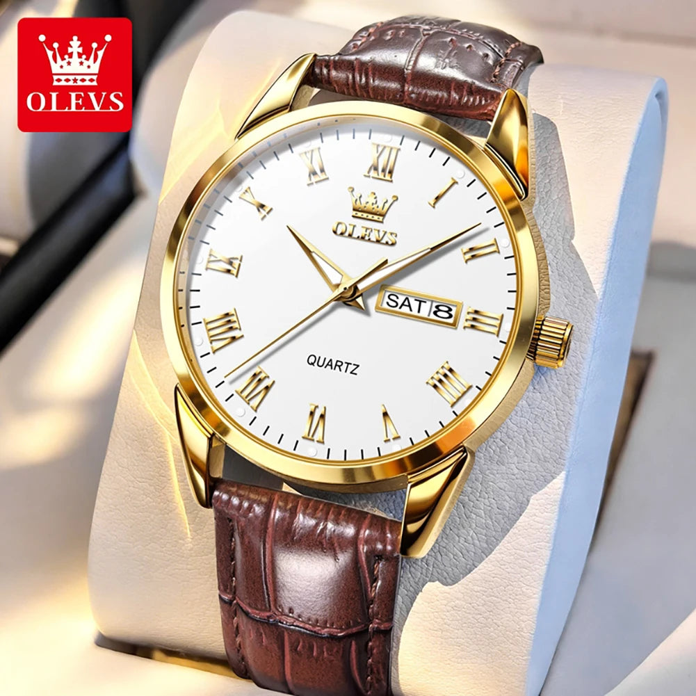 OLEVS 5892 Watches for Men Leather Strap Dual Calendar Roman Scale Simple Elegant Luxury Original Quartz Men's Watches