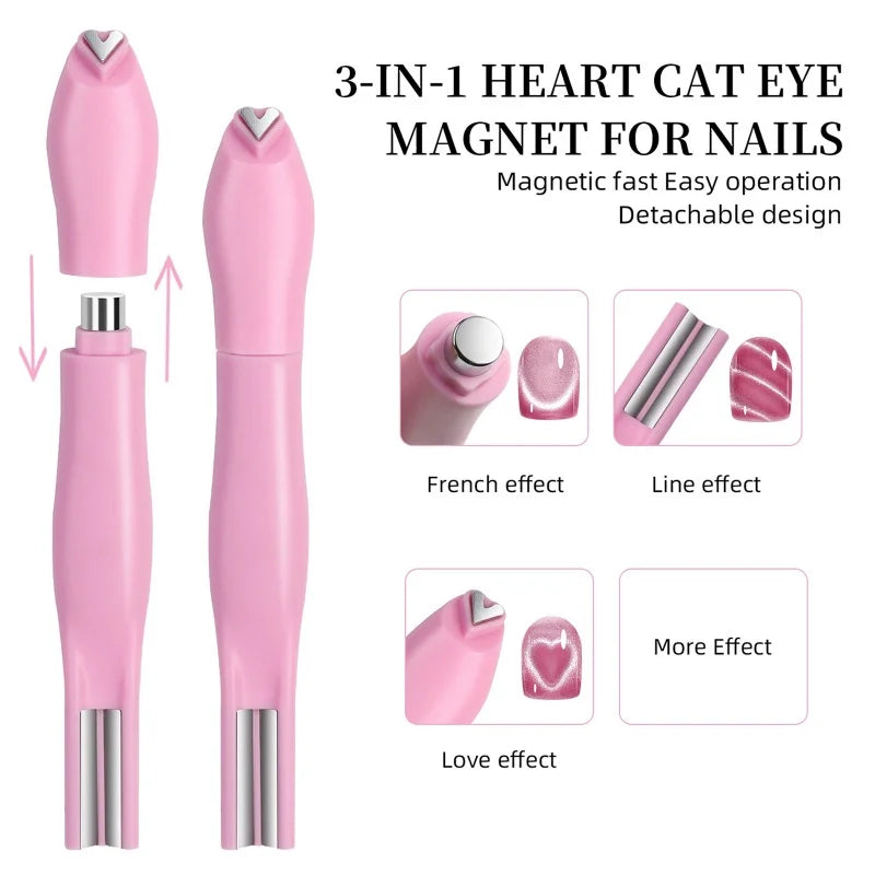 3 in 1 Cat Eye Nail Magnetic Stick Love Heart Snake Pattern French Cat Eye Nail Magnet UV Gel Polish Effect Manicure Design Tool