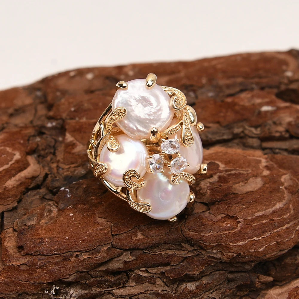 GG Big Natural White Keshi Coin Pearl Paved Clear Crystal Gold Plated Rings Adjustable Ring Gifts For Lady