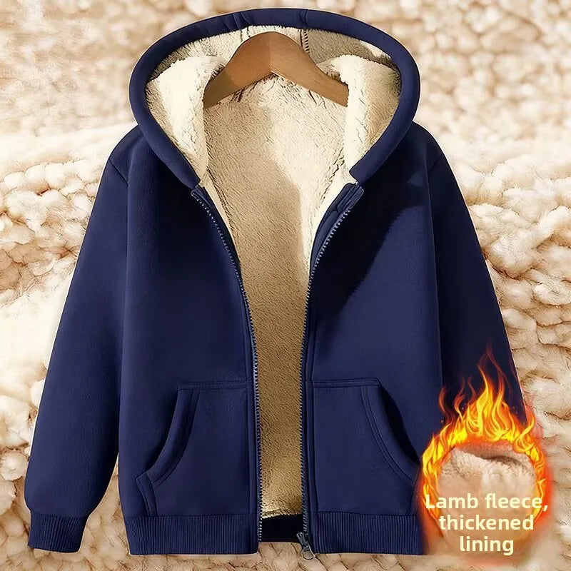 Thickened Lamb Velvet Hooded Cardigan Pure Color Oversize Sweatshirt Men Women Korean Style Winter Warm Casual Outerwear
