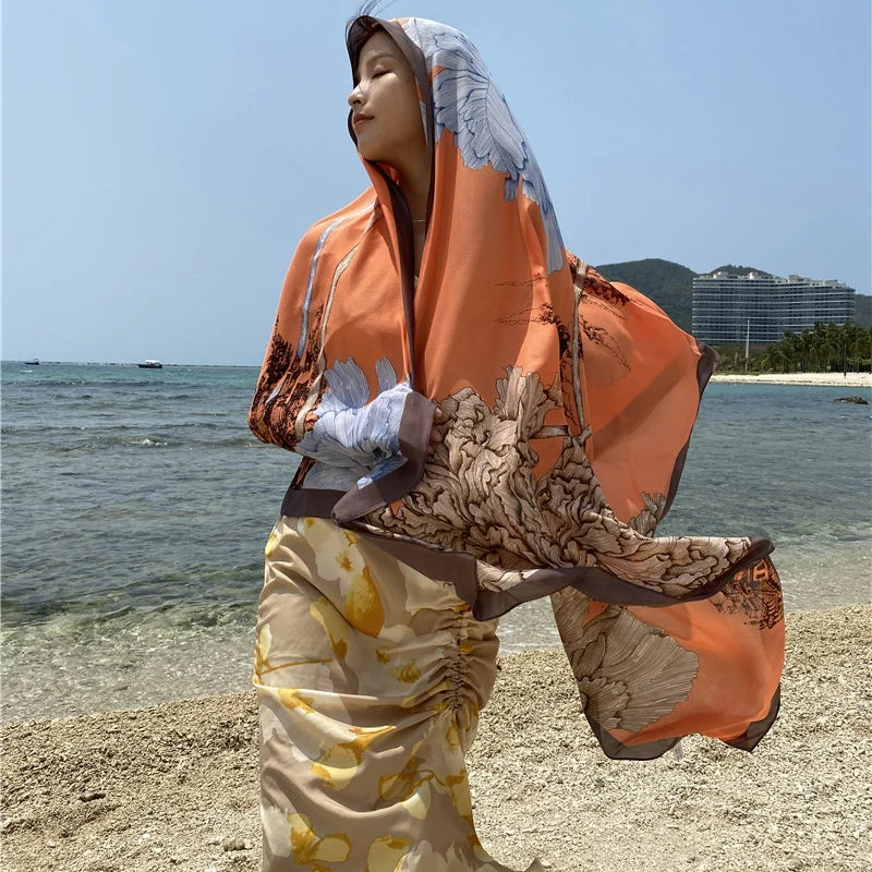 Travel Beach Scarve Bikini Large Sunscreen Shawl Design Floral Sarong Wrap Scarf Women Luxury Swimsuit Bathing Cover-up 90x180cm