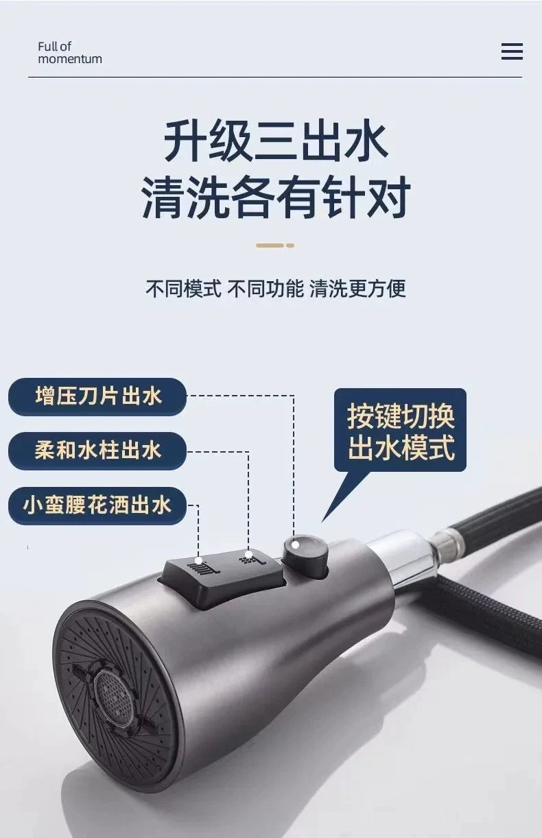 Kitchen Faucet Pull-Out Spray Head 360 Degree Rotation Hot and Cold Water Pull-Out Black and Silver Single Hole Kitchen Faucet