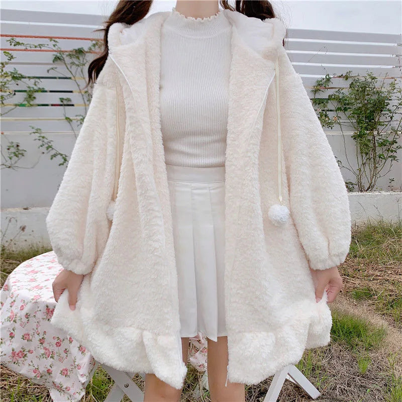 Kawaii Hoodies Women Lolita Winter Warm Lambswool Oversized Sweatshirt Cute Bunny Ears Long Sleeve Zip Up Hooded Fleece Jacket