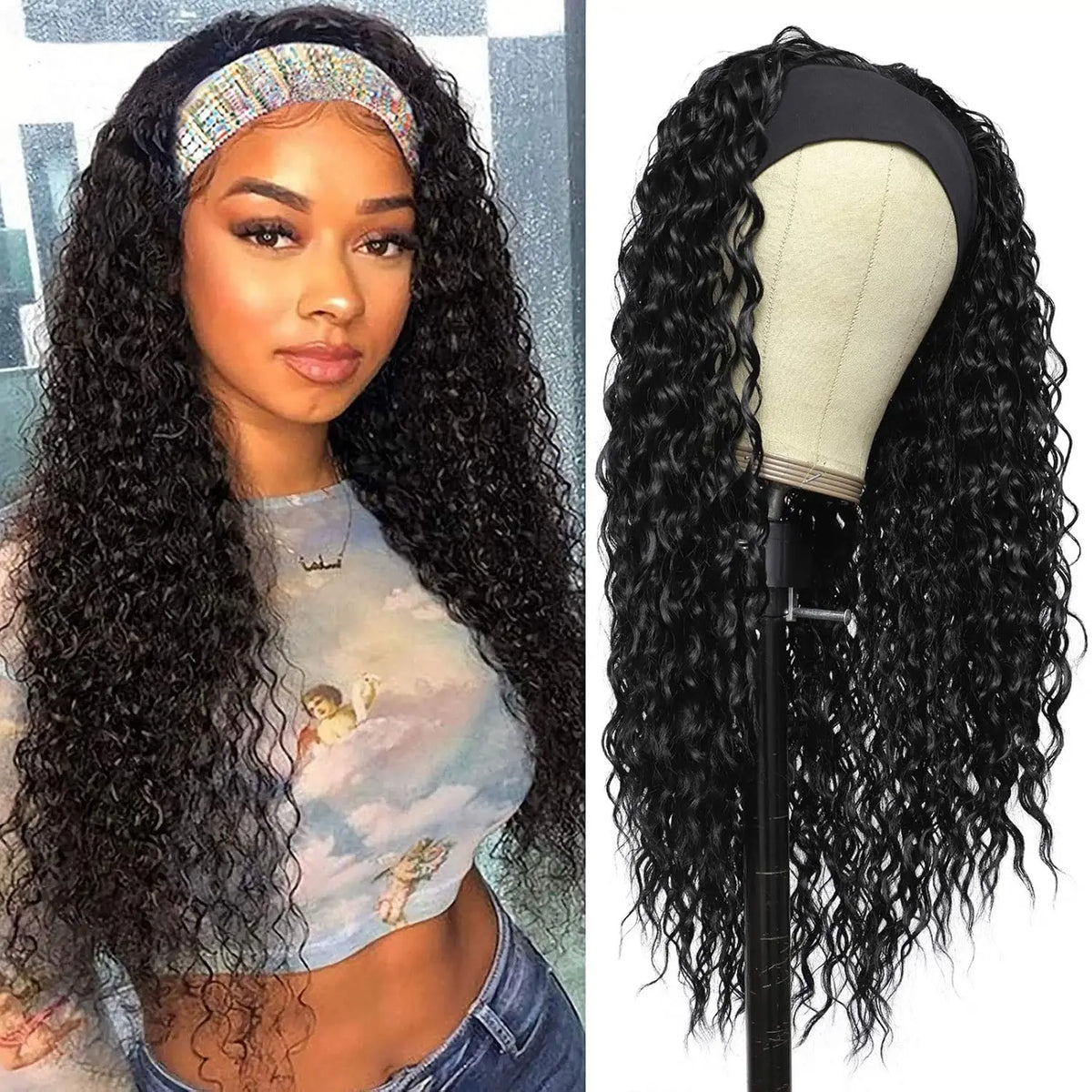 200% Density 20 Inch Body Wave Headband Wig Human Hair for Black Women None Lace Front Wigs Wear And Go Machine Made Headband