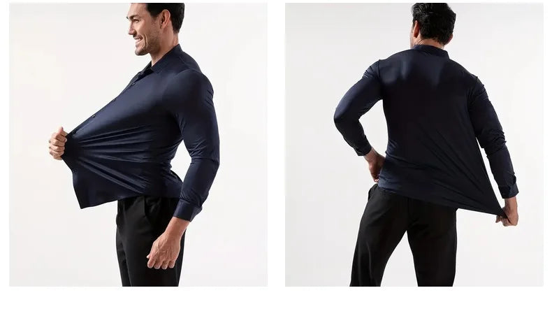 New Design Men's Solid Shirt Long Sleeve Autumn High Elasticity Casual Wrinkle Free No ironing Business Formal White Blue Social