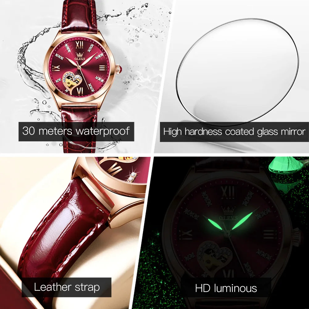 OLEVS 6636 Luxury Women Watch Fully Automatic Hollow Design Diamond Heart Shaped Watch Elegant Mechanical Women Bracelet Watch