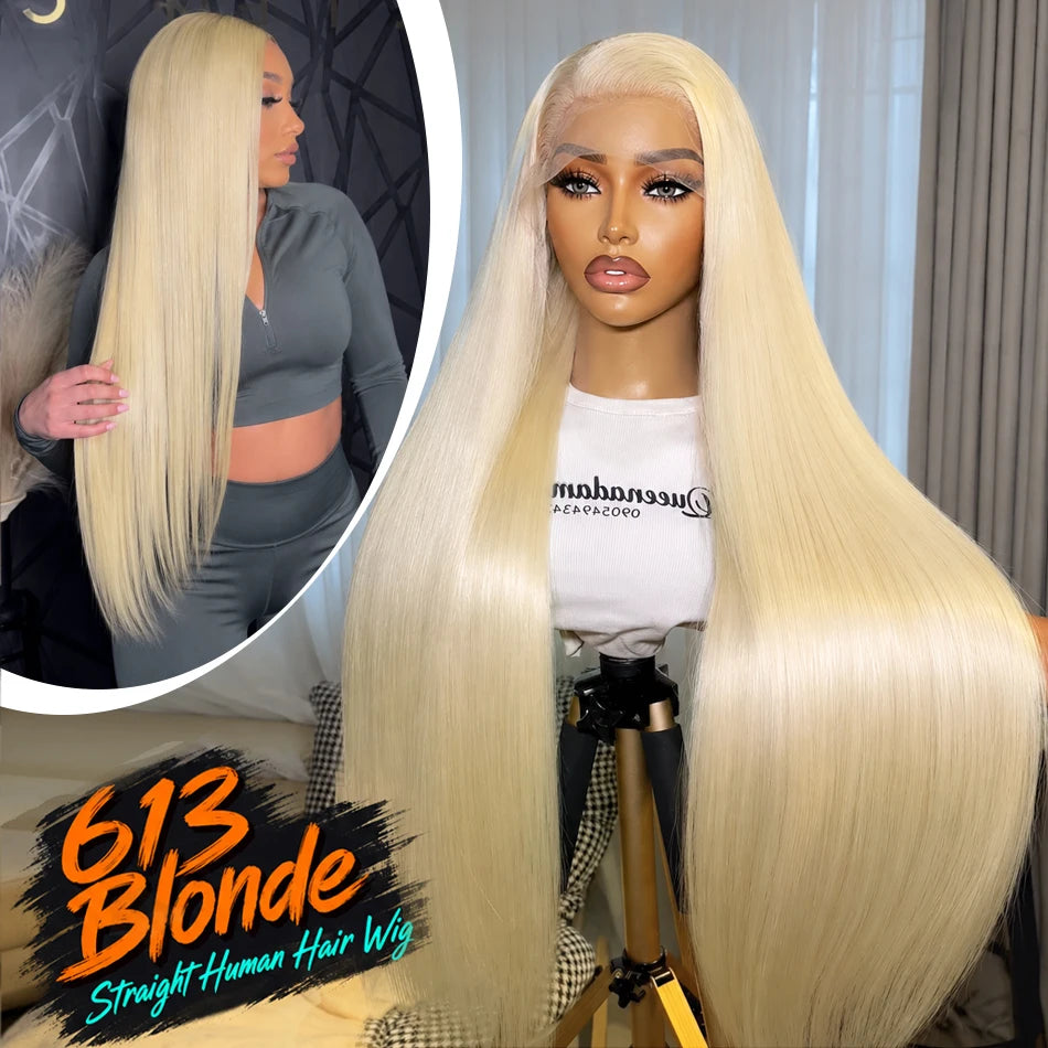 Blonde 613 Hd Lace Frontal Wig 13X6 Brazilian Straight Human Hair Wig 40 Inch Transparent Lace Frontal Wig For Women 250 Density