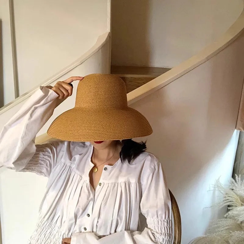 Summer Elegant Dome Straw Hats Women Girl 13cm/8.5cm 2 Sizes Solid Color Beach Sun Hat Foldable Portable Travel Holiday Panama