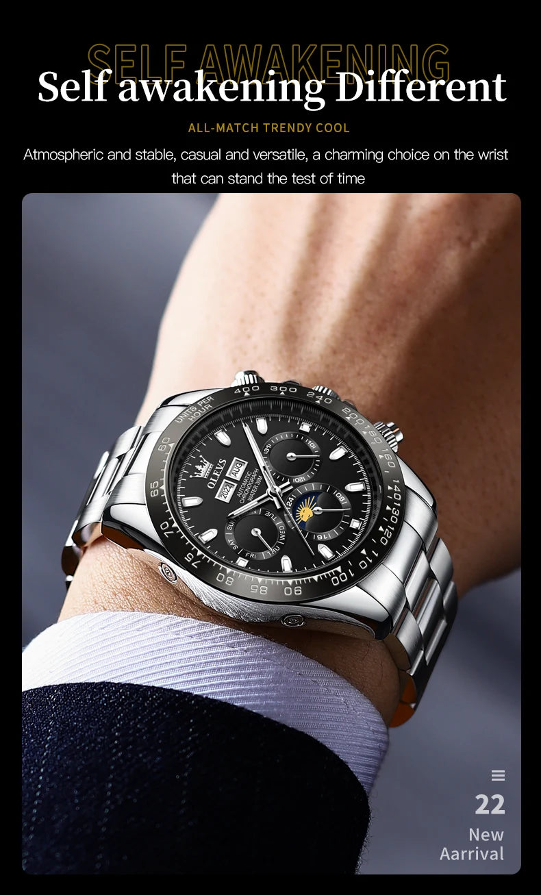 OLEVS 6654 Mens Watch Fashion Chronograph Automatic Mechanical Wristwatch Waterproof Luminous Function Top Brand Watch for Man