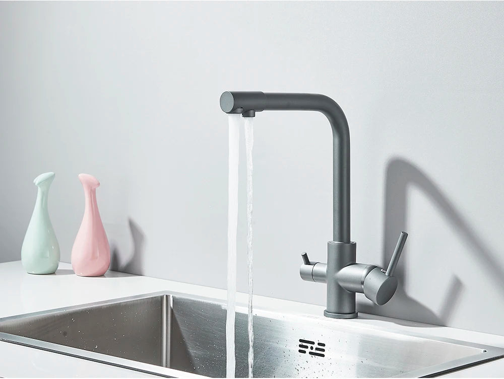 Chrome Purified Water Kitchen Faucet Pure Water Filter Deck Mounted Faucet Crane Dual Handles Hot Cold Water Mixer Taps