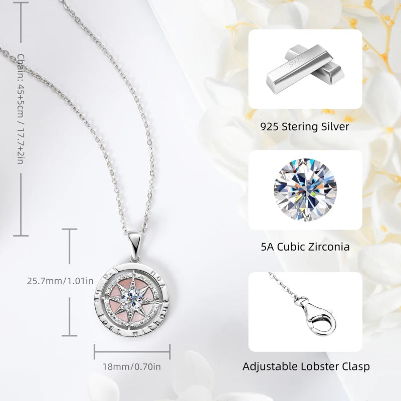 OXTAO Ladies Compass Pendant Necklace 925 Sterling Silver Cubic Zirconia Luxury Jewelry Elegant Accesse Stylish Party Necklaces