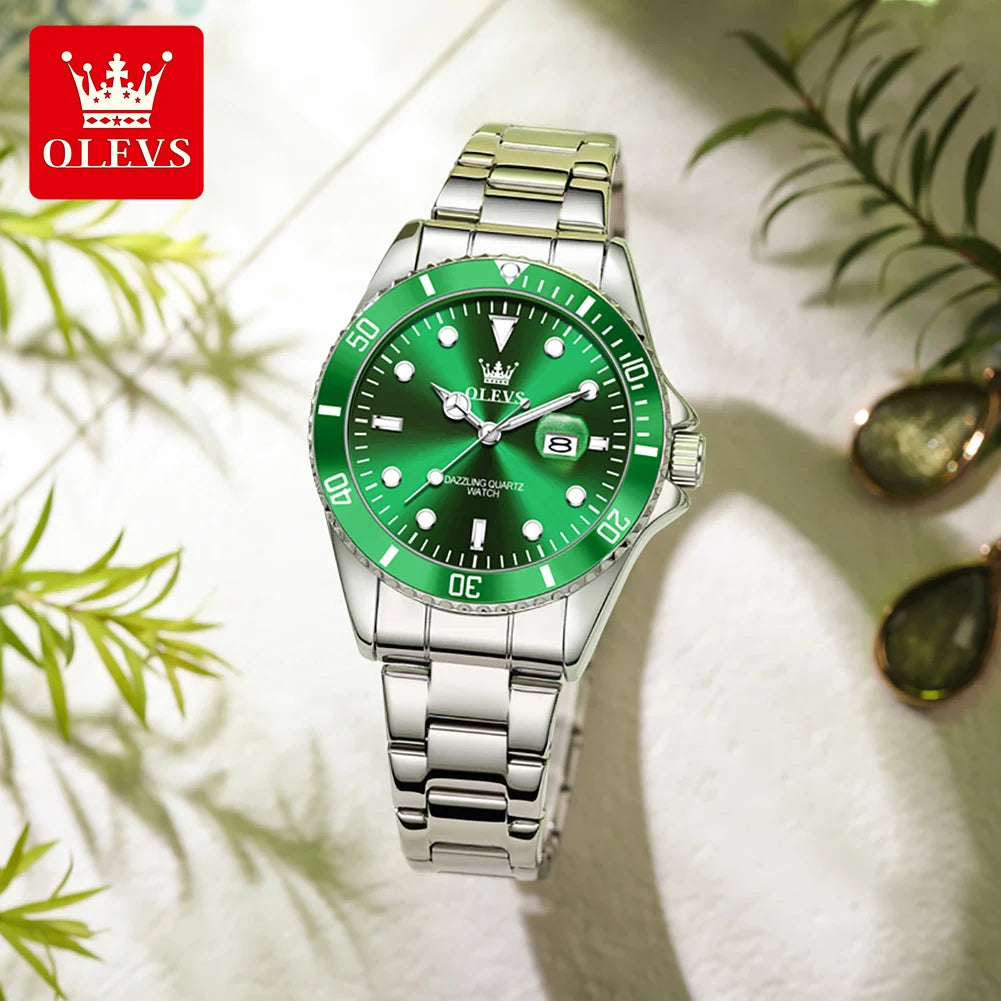 OLEVS 5885 Original Women Watch Top Luxury Quartz Watch Classic Green Dial Waterproof Luminous Date Watch Women Authentic Watch