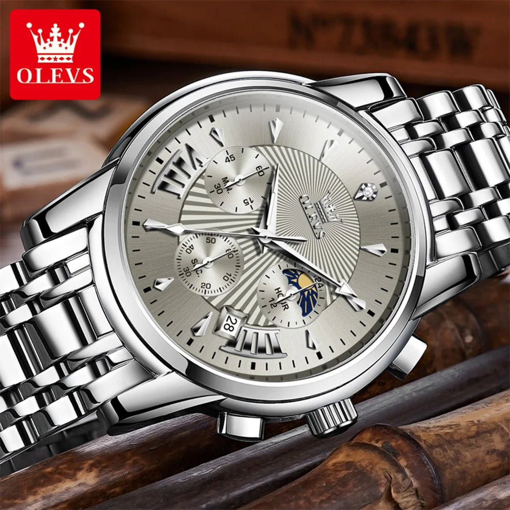 OLEVS 2892 Mens Watch Original Business Quartz Watch Moon Phase Multifunctional Chronograph Watches For Men With Box Reloj New