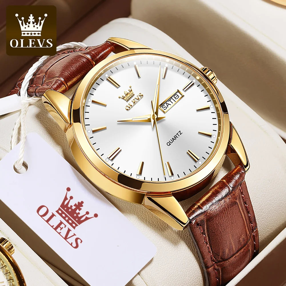 OLEVS 6898 Waterproof Sports Mens Wristwatches Luxury Shock-resistant Calendar Genuine Luminous Quartz Leather Watch for Men
