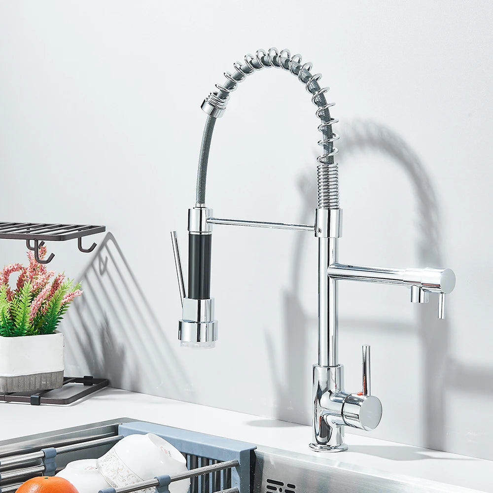 Kitchen Pull-Down Spring Faucet Single-Handle Hot and Cold Mixer Dual-Color Nozzle with 2 Water Modes 360-Degree Rotation