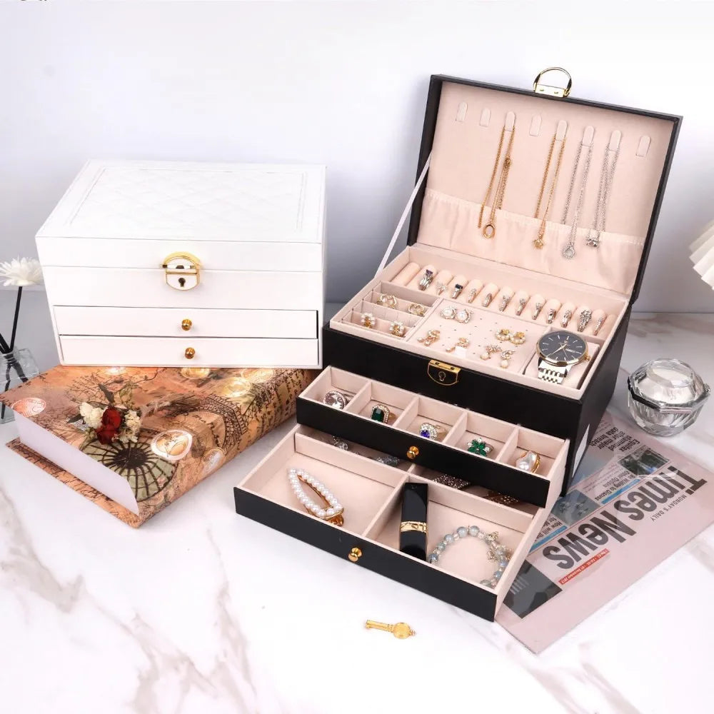 Large Lockable PU Leather Jewelry Box with Drawers, Multi Compartment Necklace Ring Watch Storage Organizer Gift Case for Women
