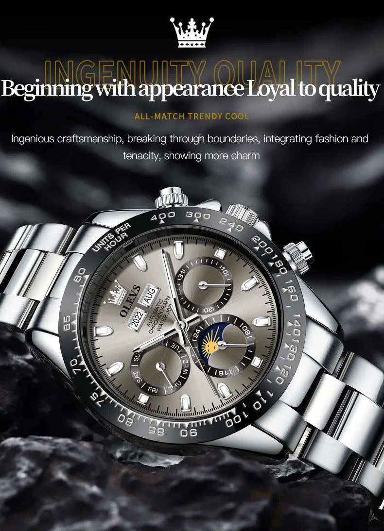 OLEVS 6654 Luxury Men's Automatic Mechanical Watch Original Stainless Steel Waterproof Moon Phase Chronograph Brand Men Watch