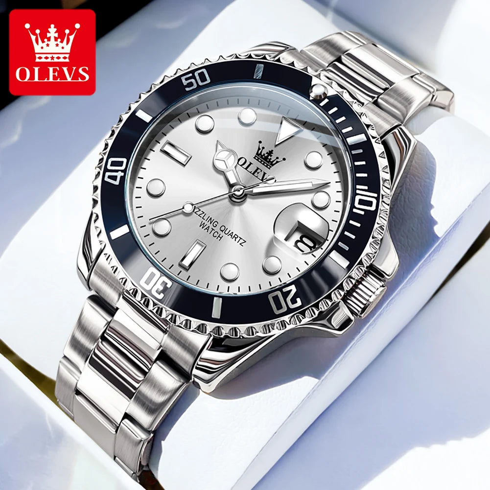 OLEVS 5885 Mens Watch Auto Date Stainless Steel Strap Diving Series Waterproof Men's Sports Watch