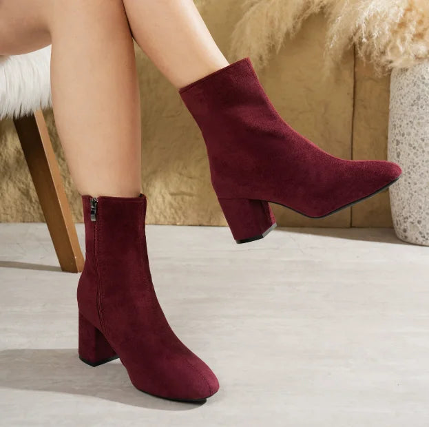 White Ankle Boots for Women 2024 Side Zipper Stretch Middle Heel Large Size Short Boot Fashion Pointed Shoes Botas De Mujer