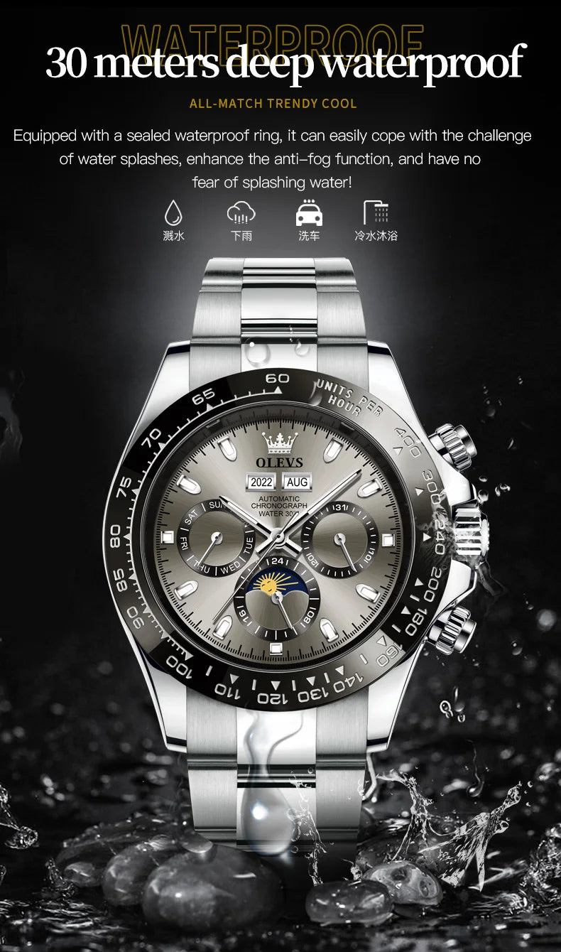 OLEVS 6654 Luxury Men's Automatic Mechanical Watch Original Stainless Steel Waterproof Moon Phase Chronograph Brand Men Watch