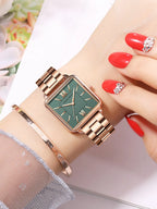 Japan Quartz Movement Green Dial Roman Square Watches Case Stanless Steel Fashion Wristwatch Ladies Rose Gold Watches For Women