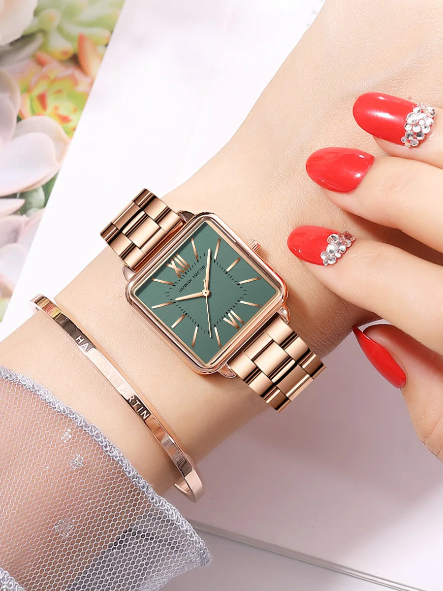 Japan Quartz Movement Green Dial Roman Square Watches Case Stanless Steel Fashion Wristwatch Ladies Rose Gold Watches For Women