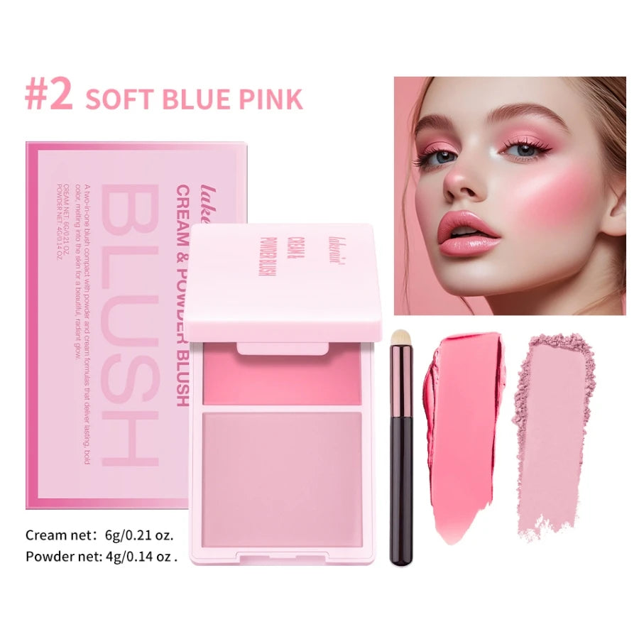 2IN1 Pink Blush Matte Dewy Rosy Blush With Brush Makeup Pan Long Wearing High Pigment Orange Red Cream & Powder Blush Palette