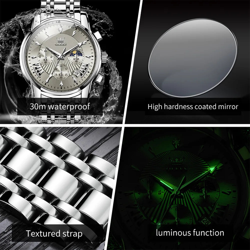 OLEVS 2892 Men Watch Original Quartz Watch Luxury Waterproof Luminous Calendar Moon Phase Chronograph Business Sports Men Watch