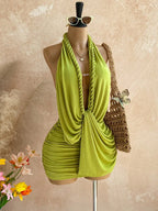 Women Solid Color Backless Halter Mini Dress For Vacation Beach Summer
