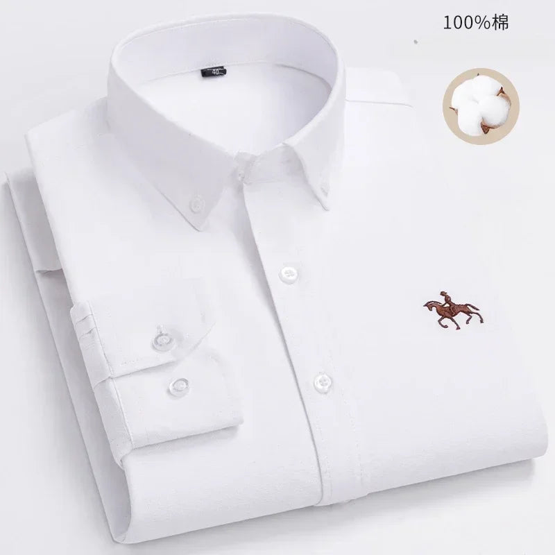 100% Pure Cotton Men's Long Sleeve Shirt Business Casual Solid Color Embroidered Oxford Spun Shirt