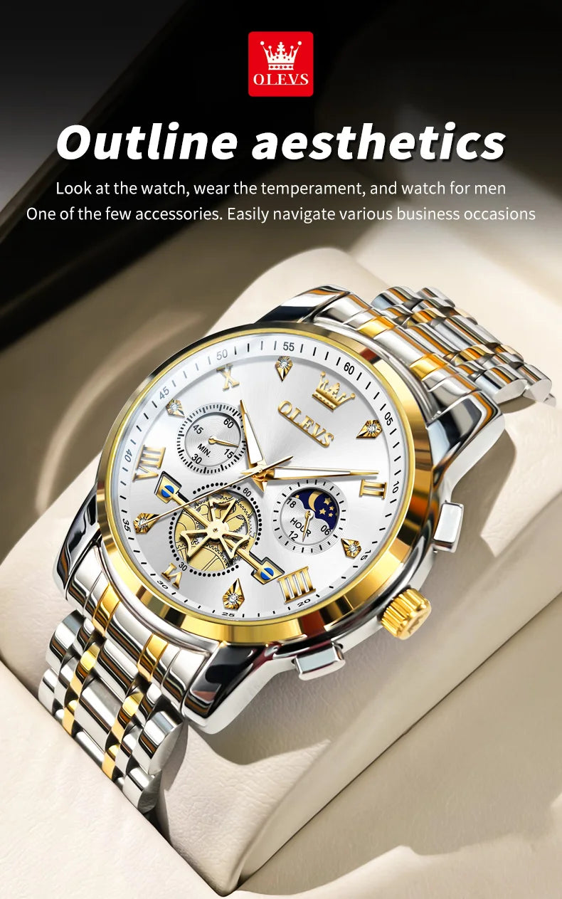 OLEVS Men's Watches Classic Multifunctional Flywheel Design Stainless steel Waterproof Moon Phase Men's Wristwatches 2024 Trend
