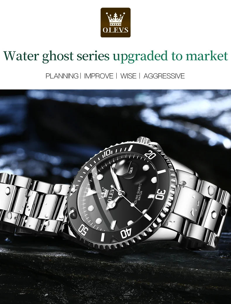 OLEVS 5885 Mens Watch Auto Date Stainless Steel Strap Diving Series Waterproof Men's Sports Watch