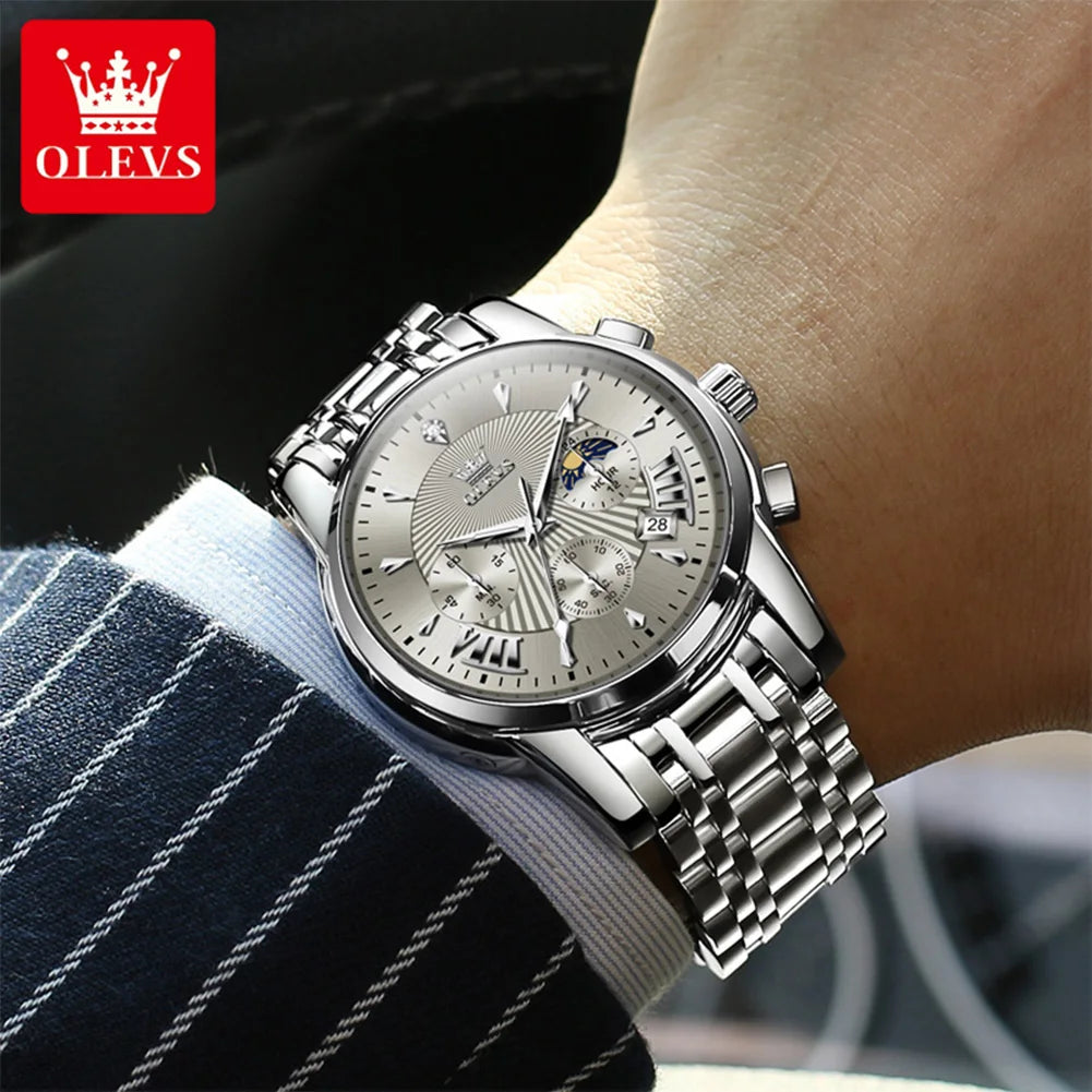 OLEVS 2892 Men Watch Original Quartz Watch Luxury Waterproof Luminous Calendar Moon Phase Chronograph Business Sports Men Watch