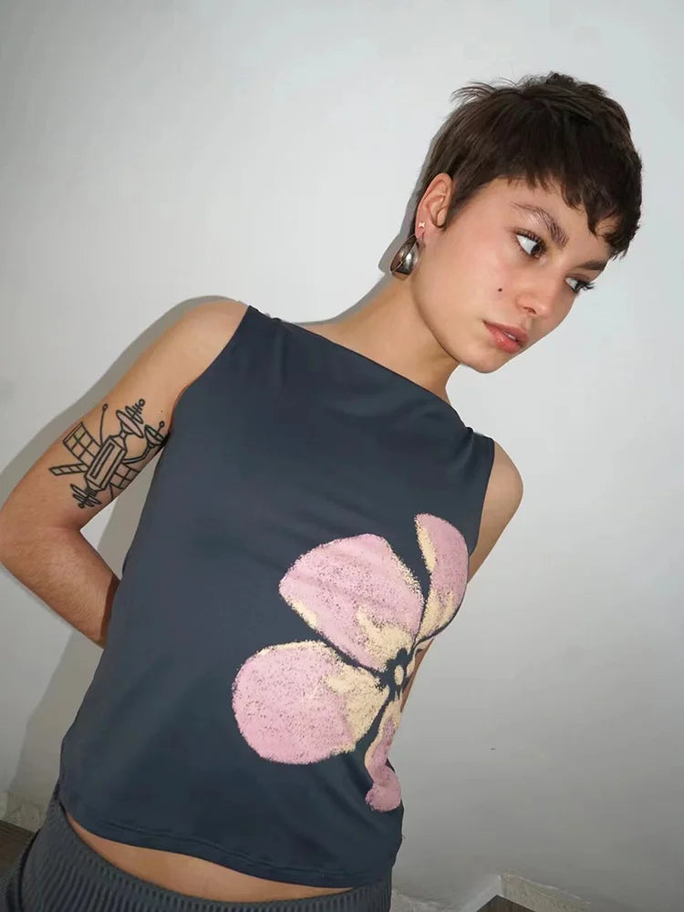 2025 New Fashion Women's Crop Tank Tops Fitted Flower Print Boat Neck Sleeveless Summer Tops for Party Club