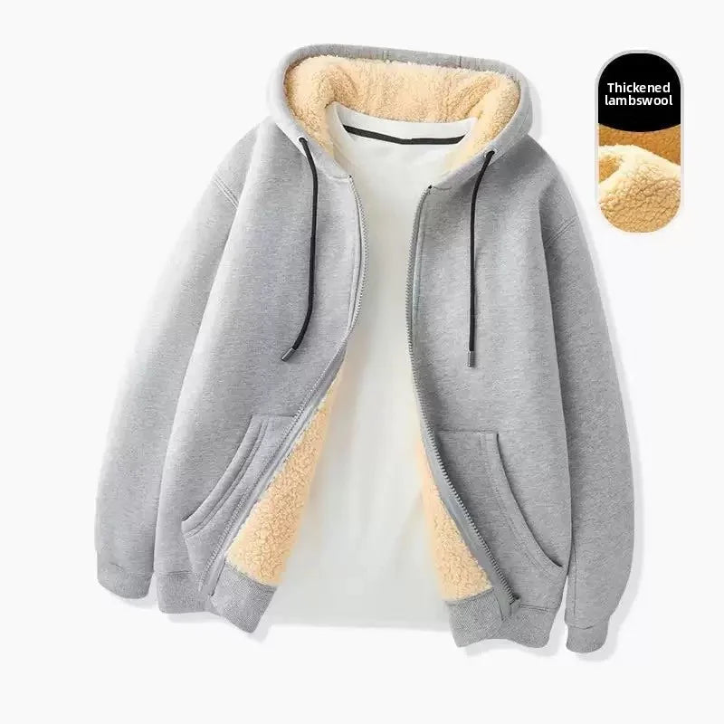 Autumn and winter sherpa jacket heavyweight velvet thickened men's sweatshirt solid color tops teenagers hooded cardigan men