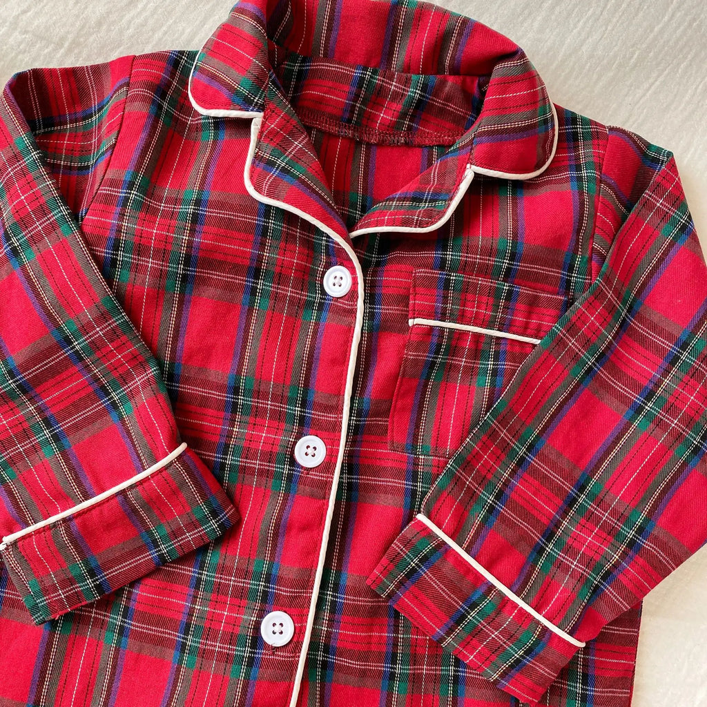 Merry Christmas Kids Pure Cotton Pajamas Set Plaid Print Turn-down Collar Button Shirt Trousers 2 Pieces Suit Homewear Xmas Look