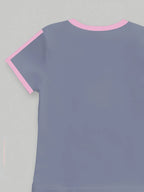 Trendy Girls 2Pcs Sweet Co-Ord Outfit, Grey Pink Ribbon Embroidery Short Sleeve Top, Dual Side Strip Flared Trousers for Daily K