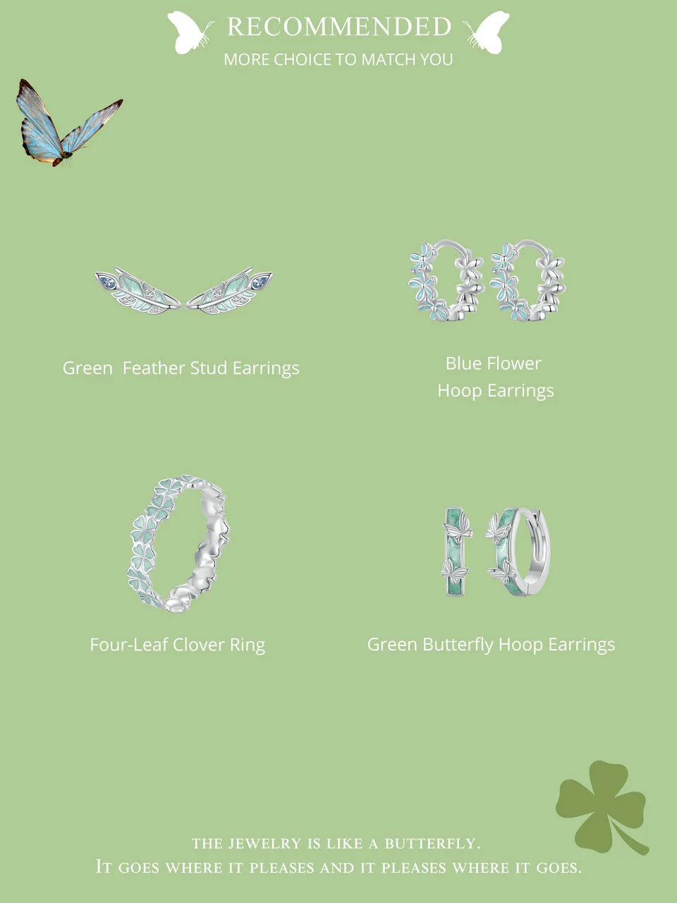 Bamoer 925 Sterling Silver Four-Leaf Clover Ring Mint Green Leaves Vine Ring Fine Jewelry Gift for Women Party